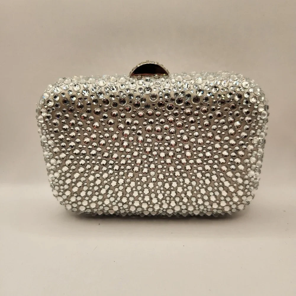 New Olga berg Casey Hot Fix Crystal Encrusted Clutch Purse Silver Evening Fancy